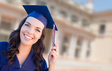 Image showing Happy Graduating Mixed Race Woman In Cap and Gown Celebrating on