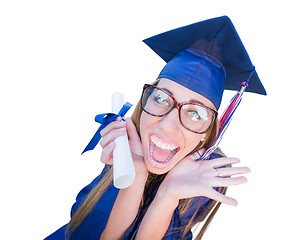 Image showing Goofy Graduating Young Girl In Cap and Gown Isolated on a White 