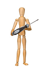 Image showing Wooden mannequin holding screwdriver