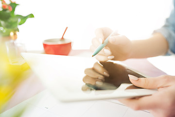 Image showing Woman and fruit diet while working on computer in office