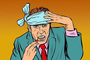 Image showing pop art man with headache takes a pills