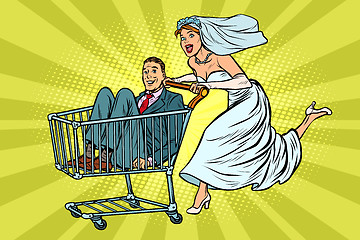 Image showing pop art Bride and groom in a shopping trolley