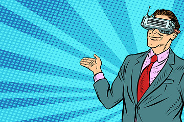 Image showing pop art businessman in VR glasses presents