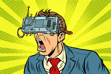 Image showing Businessman in VR glasses screaming