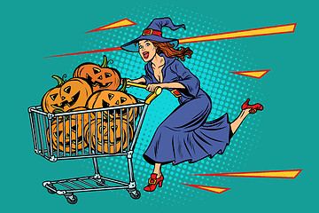 Image showing Halloween witch pumpkins. shopping cart trolley sale