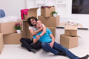 Image showing young  gay couple moving  in new house