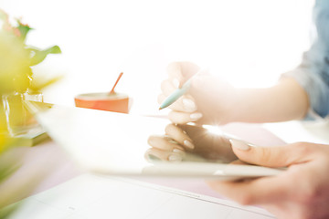 Image showing Woman and fruit diet while working on computer in office