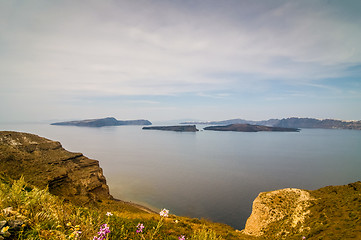 Image showing Beautiful landscape with sea view of the Nea Kameni, a small Greek island in the Aegean Sea near Santorini