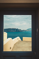 Image showing Window with view of Thira and caldera of Santorini volcano