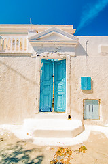 Image showing Typical blue door in Emporio on the island of Santorini, Greece, Southern Europe