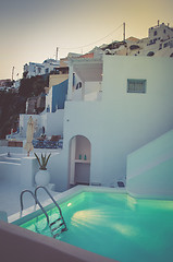 Image showing Santorini balcony with swimming pool.