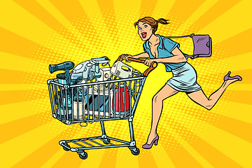 Image showing woman on sale of home appliances. shopping cart shop trolley