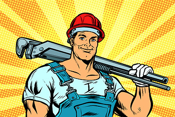 Image showing pop art plumber worker with adjustable wrench