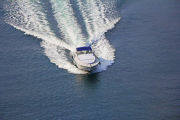 Image showing Aerial view luxury motor boat at sea