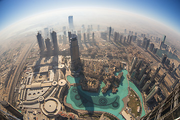 Image showing Aerial view of Downtown Dubai from Burj Khalifa, Dubai, United Arab Emirates.