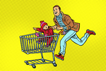 Image showing dad and son are on sale. shopping cart shop trolley