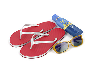 Image showing Flip-flops, sunscreen lotion and sunglasses