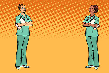 Image showing pop art Multi ethnic group. Two nurses. Medicine and health back