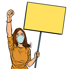 Image showing woman in medical mask protests with a poster. isolate on white b