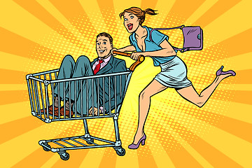 Image showing pop art woman with man in a shopping trolley