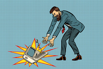 Image showing Businessman in rage breaks computer