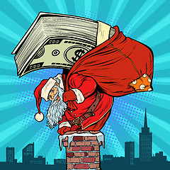 Image showing Money cash dollars. Santa Claus with gifts climbs into the chimn