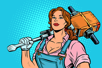 Image showing woman road worker Builder with jackhammer