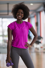 Image showing woman working out in a crossfit gym with dumbbells