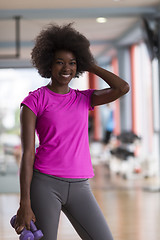 Image showing woman working out in a crossfit gym with dumbbells