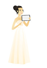 Image showing Smiling fiancee holding tablet computer.