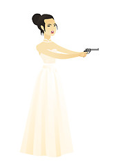 Image showing Bride in a white wedding dress holding a handgun.