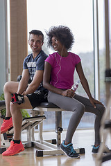 Image showing couple in a gym have break