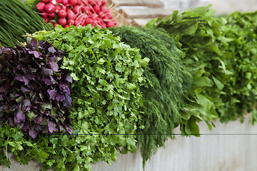 Image showing Fresh organic herbs at oriental market