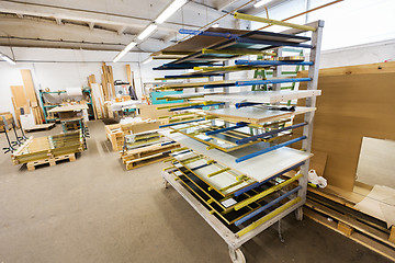 Image showing boards storing at woodworking factory workshop