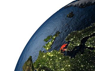 Image showing Denmark in red on Earth at night