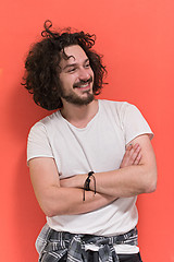 Image showing young man with funny hair over color background