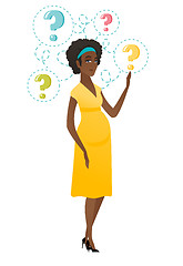 Image showing Thoughtful pregnant woman with question marks.