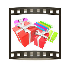 Image showing Gifts and books. 3d illustration. The film strip.