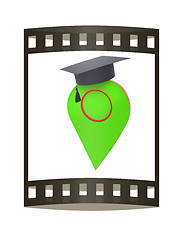 Image showing Geo pin with graduation hat on white. School sign, geolocation a