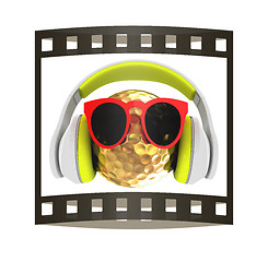 Image showing Gold Golf Ball With Sunglasses and headphones. 3d illustration. 