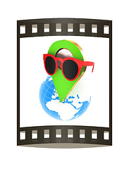 Image showing Glamour map pointer in sunglasses on Earth. 3d illustration. The