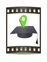 Image showing Geo pin with graduation hat on white. School sign, geolocation a