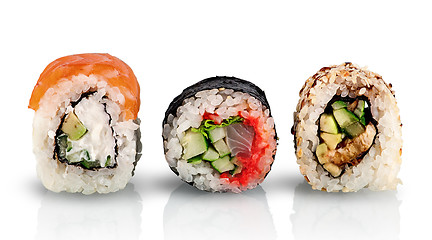 Image showing Various sushi rolls in a row