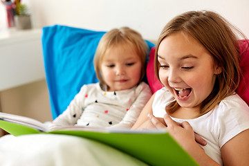 Image showing little girls or sisters reading book in bed