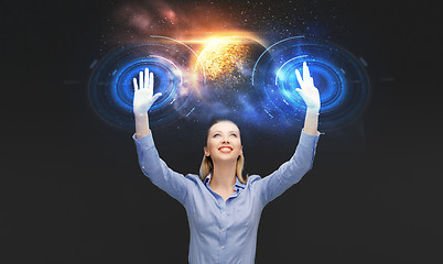 Image showing businesswoman with virtual space hologram