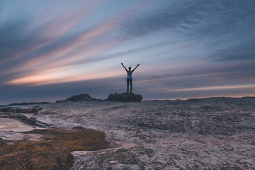 Image showing Female arms outstretched to the sky at Lincolns Rock Blue Mountains