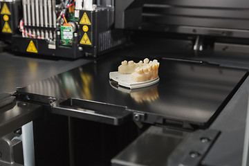 Image showing 3D Printer With Finished 3D Printed Dental Implant Bridge