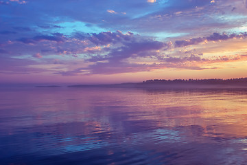 Image showing Misty Purple Seascape At Sunset In The White Nights Season