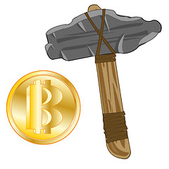 Image showing Stone axe and virtual money bitcoin.Vector illustration