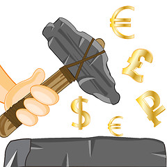 Image showing Stone axe in hand and money signs